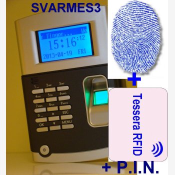 MARCATEMPO CON LETTORE DI BADGE DI PROSSIMITA' E LETTORE BIOMETRICO DI  IMPRONTE DIGITALI MOD. SVARMES3 CON 50 TESSERE DI PROSSIMITA'