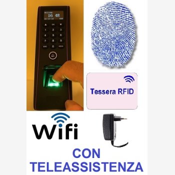 SISTEMA DI RILEVAZIONE PRESENZE E CONTROLLO ACCESSI MOD. 1951-FINGER/WIFI PER ESTERNO (IP53), L'UNICO CON 6 MESI DI ASSISTENZA, WI-FI INTEGRATO, LETTORE DI IMPRONTE E RFID E CORSO DI ISTRUZIONE SOFTWARE IN TELEASSISTENZA PER 6 MESI