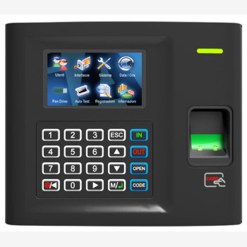 MARCATEMPO CON LETTORE BIOMETRICO CON WEB SERVER INTEGRATO MOD. SAODY-FING/P CON DI SOFTWARE DI GESTIONE PPRESENZE UTILIZZABILE PER SEMPRE SENZA OBBLIGO DI CONTRATTO DI MANUTENZIONE, CON 102 TESSERE E TELEASSISTENZA GRATIS PER L'INSTALLAZIONE