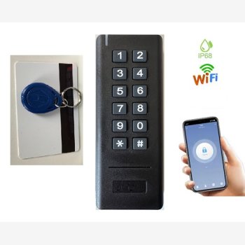 D) LETTORE DI CONTROLLO ACCESSI PER APERTURA PORTE CON TESSERA O PIN, MOD. APRIPORTA-SUBACQUEO/WIFI, L'UNICO IN COMMERCIO CON 6 MESI DI ASSISTENZA COMPRESA, WI-FI INTEGRATO, ANTIVANDALO PER ESTERNO, CON APP DI GESTIONE