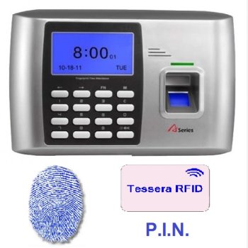 TIMBRACARTELLINO CON LETTORE DI IMPRONTE DIGITALI E DI TESSERE RFID MOD. 300 COMPLETO DI SOFTWARE DI GESTIONE PRESENZE IN ITALIANO UTILIZZABILE PER SEMPRE SENZA OBBLIGO DI CONTRATTO DI MANUTENZIONE E TELEASSISTENZA GRATIS PER L'INSTALLAZIONE